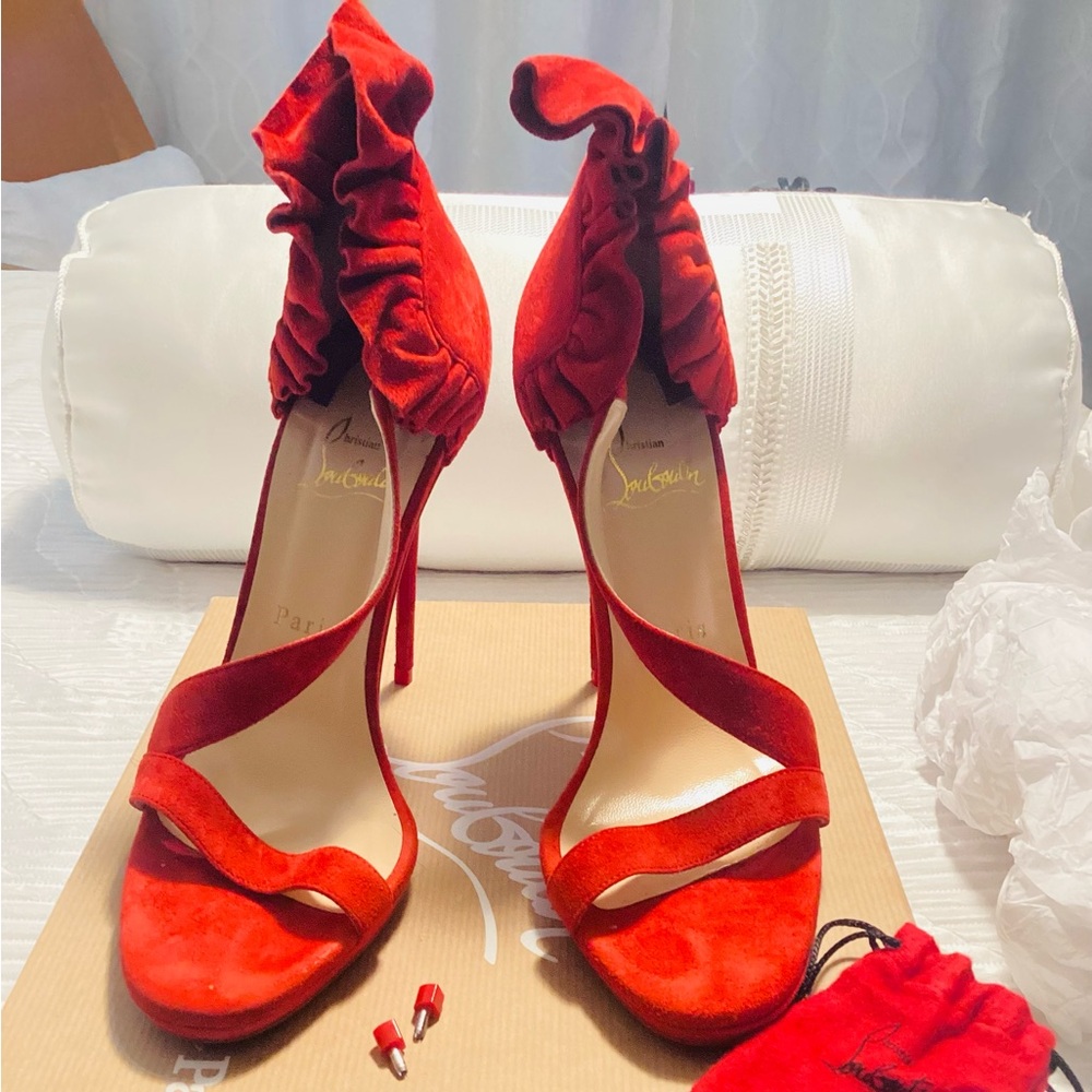 Christian Louboutin Red Suede Colankle 120mm Veau Velours Sandals - Flamenco